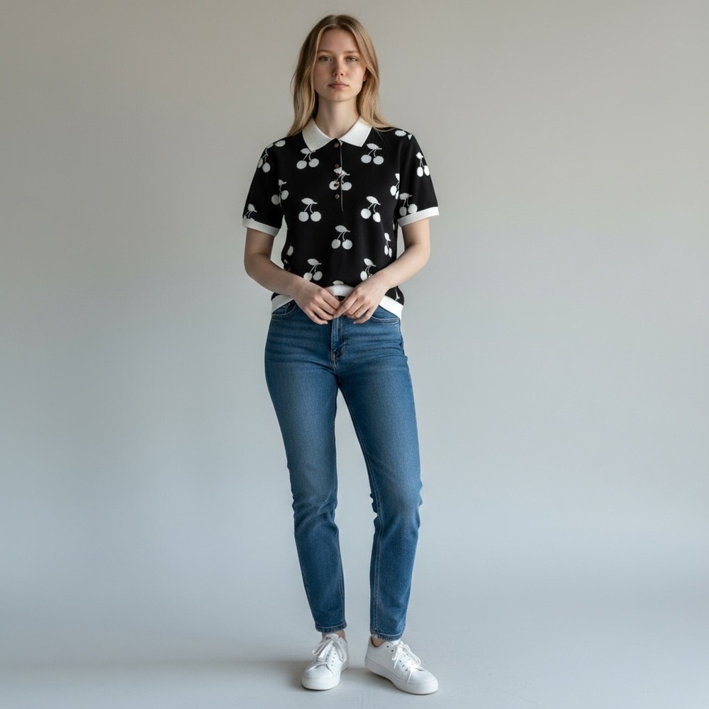 Vintage Juicy Couture Black and White Cherry Print Polo Top
